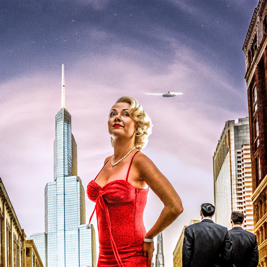 AI generated image by Red Panda AI: A striking blonde woman with a vintage 1950s hairstyle, wearing a tight, bright red dress. The dress has halter straps and a structured neckline, designed to accentuate her oversized bust and slim, graceful figure. She stands confidently amidst a crowd of people dressed in sleek black suits, exuding a sense of control and seduction. Her expression is calm yet mysterious, with a subtle smile. The setting is a dark, futuristic urban environment with towering skyscrapers and metallic surfaces. Neon lights faintly reflect off the streets, capturing the dark, cyberpunk aesthetic of The Matrix. The subterranean nature of the world is palpable, with an air of surveillance, hidden resistance, and the illusion of reality floating in the atmosphere.