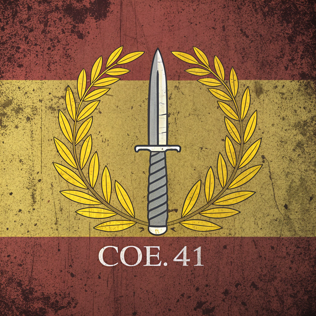 AI generated image by Red Panda AI: A stylized military insignia, centered on a flag-like background. The insignia depicts a fixed-blade knife encircled by a laurel wreath. The knife is light gray, and the laurel wreath is a golden yellow. The flag background is a distressed, textured representation of the Spanish flag, showcasing the red and yellow horizontal bands.  The colors are muted and slightly desaturated, suggesting age or a painted effect. The background exhibits texturized, distressed elements and a slightly rough, painted texture that simulates an aged flag.  The overall style is symbolic, with a slightly aged or vintage aesthetic. The text "COE. 41" appears below the insignia in a bold yellow font, adding further context. The perspective is a frontal view of the flag/insignia, filling the entire frame.  The composition is straightforward and focuses on the insignia and its placement on the flag background.
