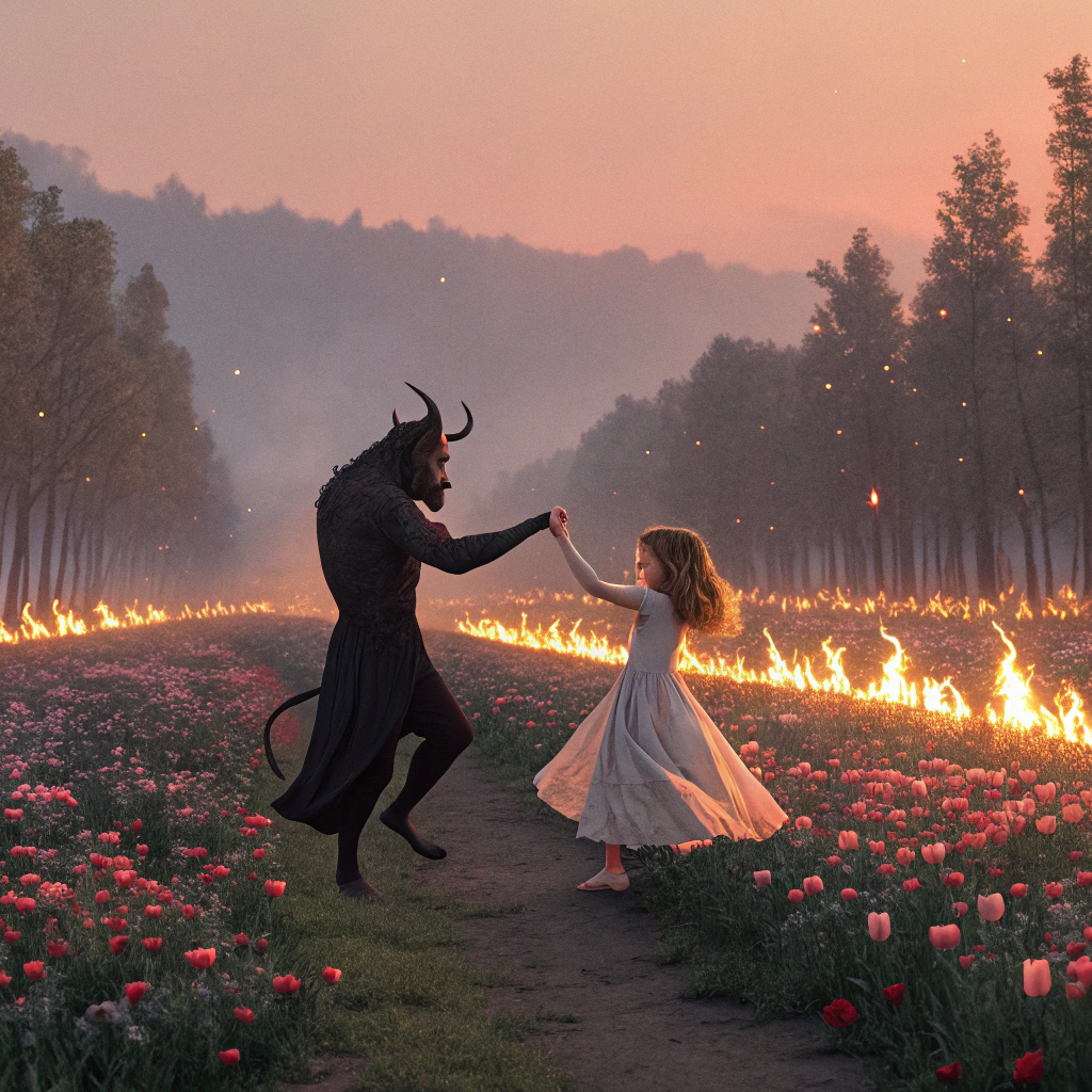 AI generated image by Red Panda AI: "Un demonio y una chica bailando juntos en un paisaje surrealista. La escena tiene un ambiente místico con un fondo impresionante: un jardín de flores que se extiende a lo lejos, pero con llamas de fuego que emergen entre las plantas y árboles, creando una atmósfera contrastante de belleza y peligro. El demonio tiene cuernos oscuros y una apariencia imponente, pero su expresión es suave, casi juguetona mientras baila. La chica, con un vestido largo y fluido, tiene un aire elegante y encantador, con el cabello moviéndose al ritmo de la danza. Ambos parecen disfrutar del momento, mientras el fuego y las flores se mueven a su alrededor, iluminando la escena con un resplandor cálido. La música es suave, pero tiene un toque rítmico y misterioso que acompaña su baile."