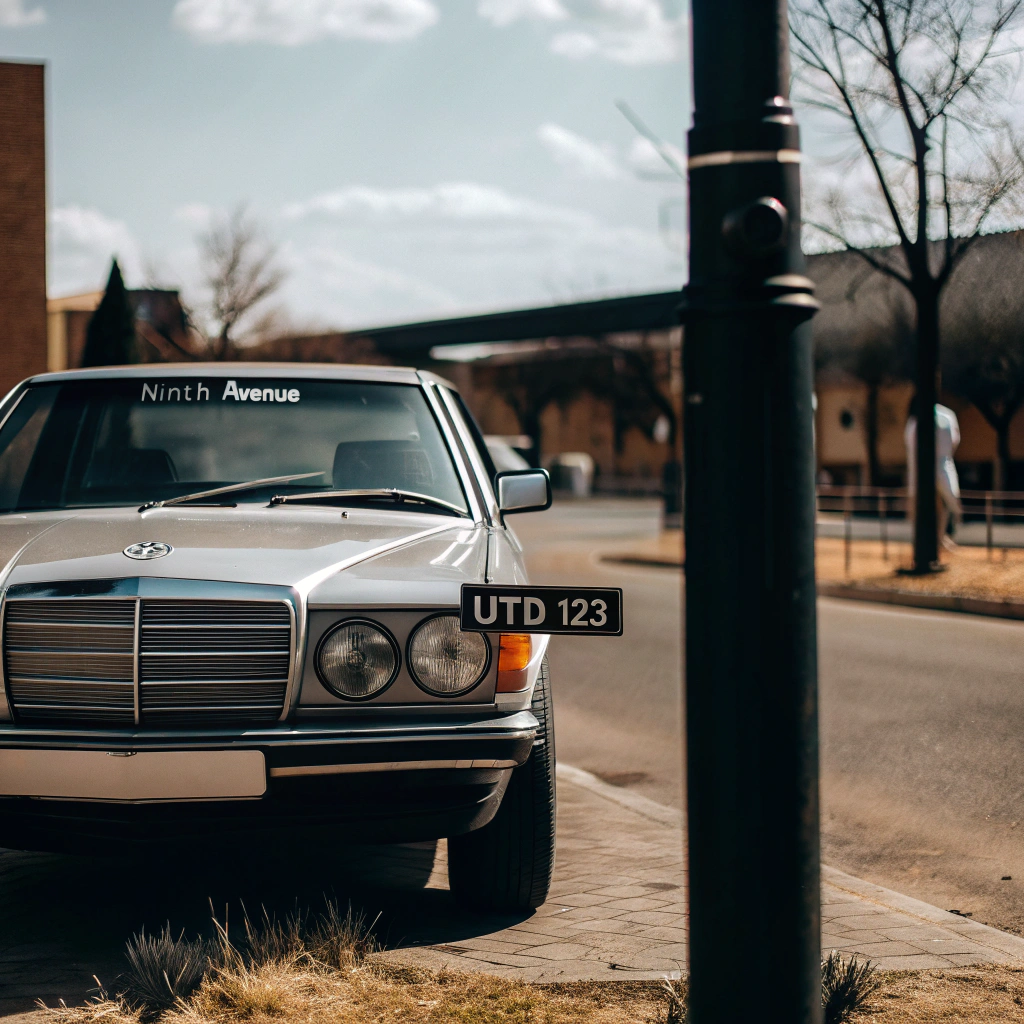 AI generated image by Red Panda AI: On a sunny day, A Mercedes-Benz is parked at an intersection. Its license plate number is "UTD 123". Next to the intersection is a road sign that says this is Ninth Avenue.