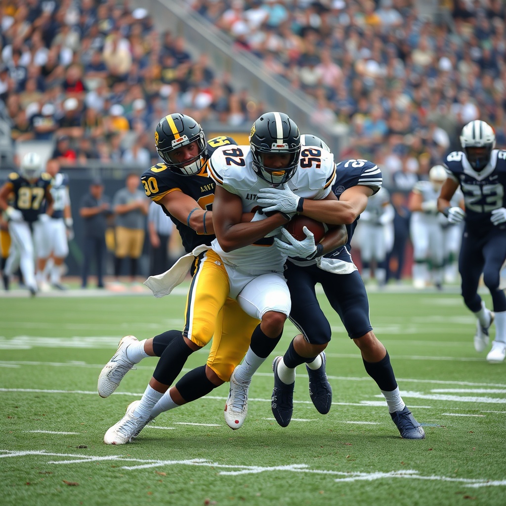 AI generated image by FLUX.1-schnell: A realistic looking photo of the army Navy football game, where an army player in their black and gold uniforms is tackling a player from Navy in their navy and white uniforms in Lincoln financial field