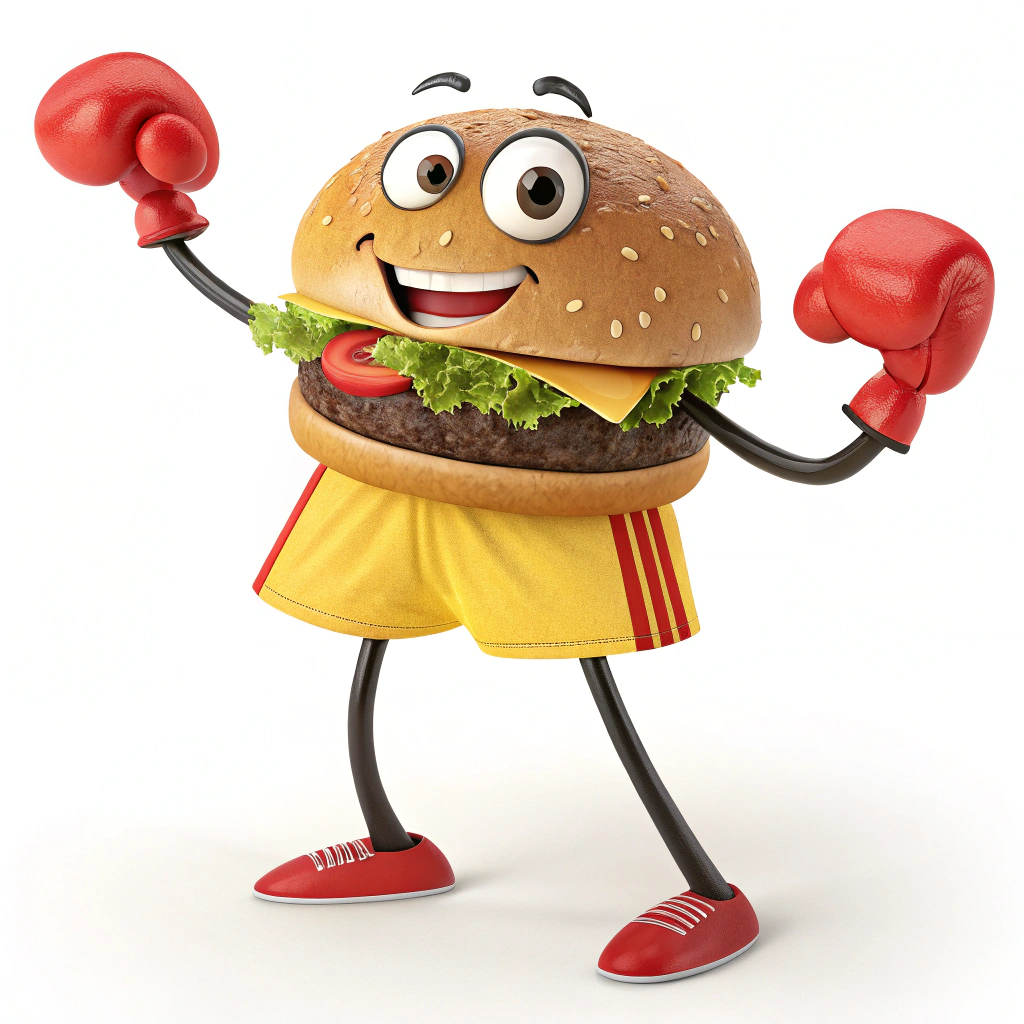 AI generated image by Red Panda AI: smiling cheeseburger looking straight ahead, with skinny black legs, and skinny black arms, wearing red boxing gloves, and wearing yellow shorts with a red stripe, on a plain white background