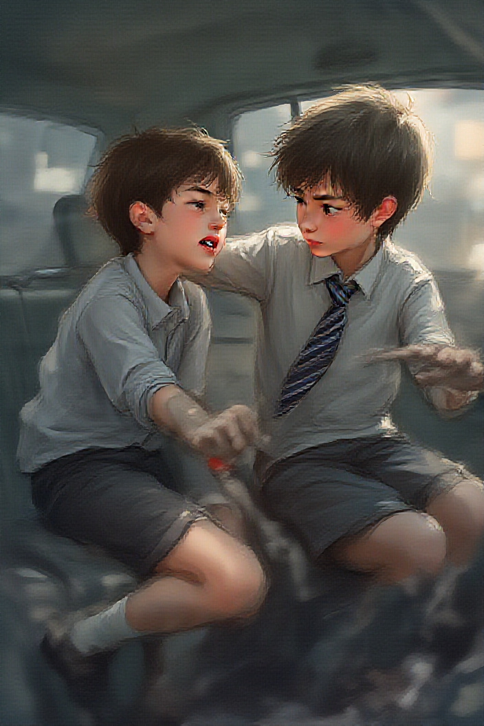 AI generated image by FLUX.1-pro: completely acutely ultra real 10 years old, very cute endearing extremely attractive 10 year old, european caucasian age ten, schoolboys aged ten, fighting each other riding in a car in a dynamic action pose in a school uniform of short hair, long sleeved grey shirt, closed mouths, striped tie, one inch length thigh down to upper thigh terylene very dark grey ultra short polyester fabric incredibly brief length shortenedsmart micro tiny smart school shorts, bare legs up to very high upper thigh, long grey socks, black shoes, intensely incredibly realistic, extremely detailed, 8K, highest definition, ultra HD, natural realism