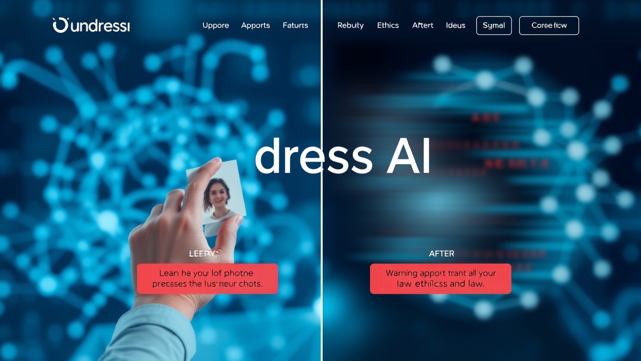AI generated image by FLUX.1-schnell: "A sleek futuristic website interface with 'Undress AI' logo, a person dragging and dropping a photo, neural network diagrams glowing in the background, split screen showing before/after but with blurred artistic abstraction, red warning signs about ethics and law.