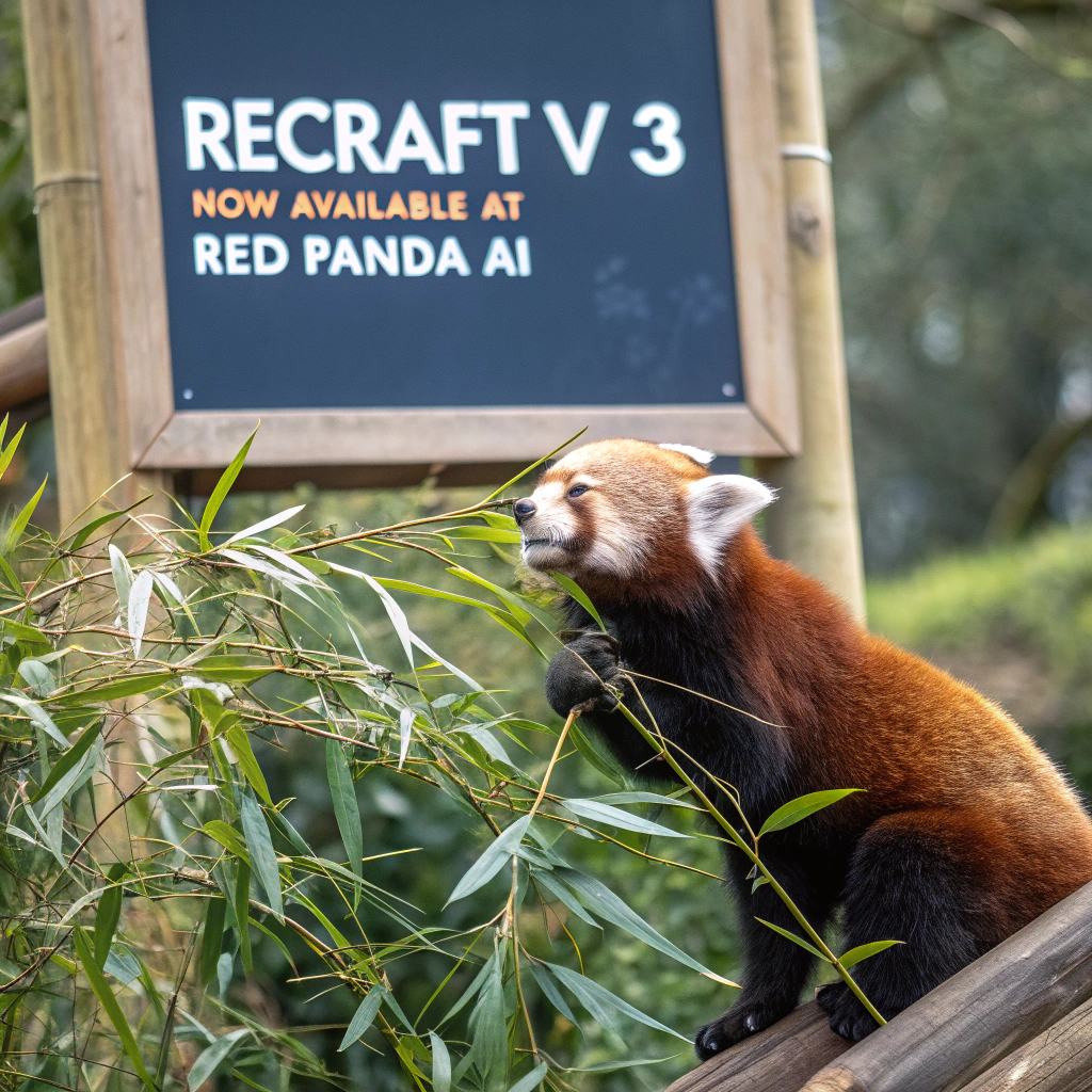 AI generated image by FLUX.1-schnell: a red panda eating a bamboo in front of a poster that says "recraft V3 now available at red panda ai