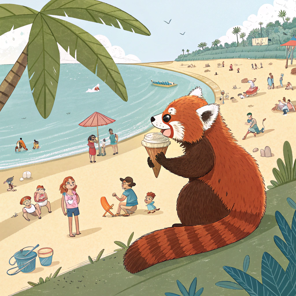 AI generated image by Red Panda AI: A red panda in a beach eating ice-cream with his family members and friends. The beach is crowded and all people are enjoying the sunshine
