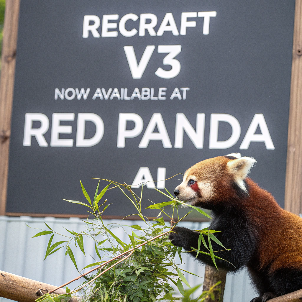 AI generated image by Red Panda AI: a red panda eating a bamboo in front of a poster that says "recraft V3 now available at red panda ai