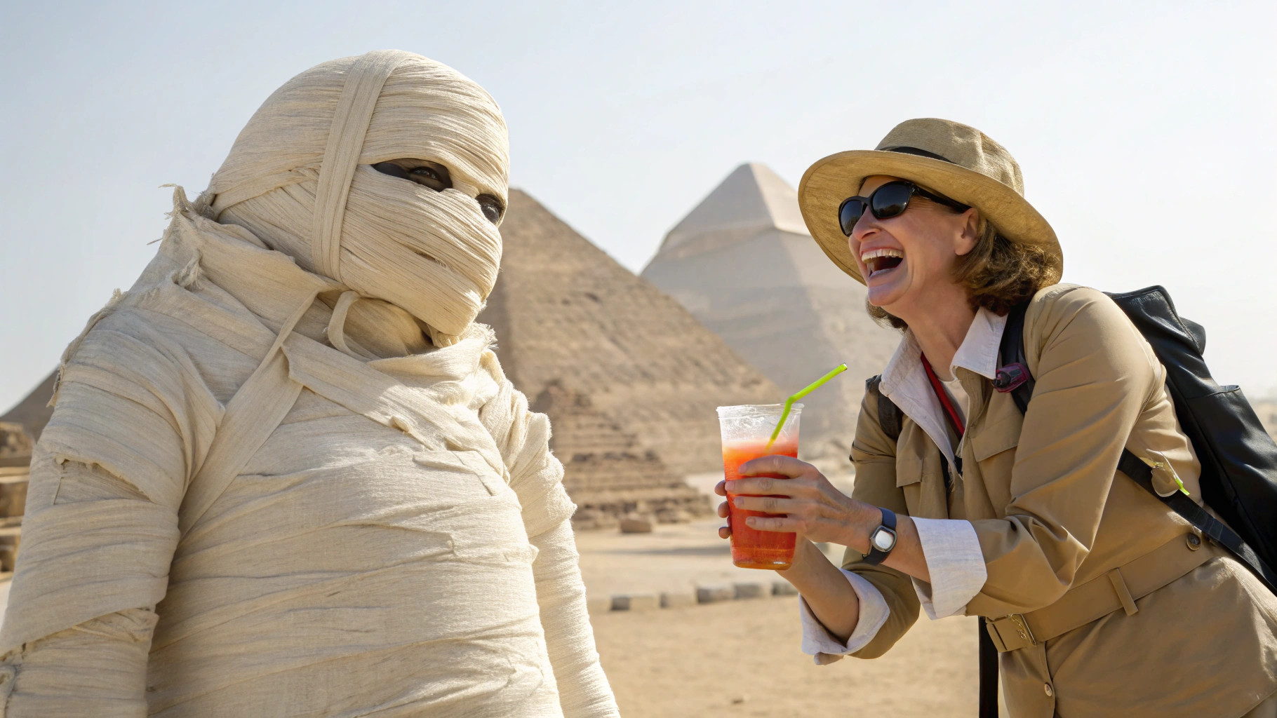 AI generated image by Red Panda AI: en Egipto, de fondo se ven las pirámides, una momia vendada hasta la cabeza, solo se le ven los ojos y la sonrisa, la momia esta tomando un refresco con pajilla. a su lado se encuentra una mujer de unos 40 años vestida de exploradora. las dos ríen amistosamente