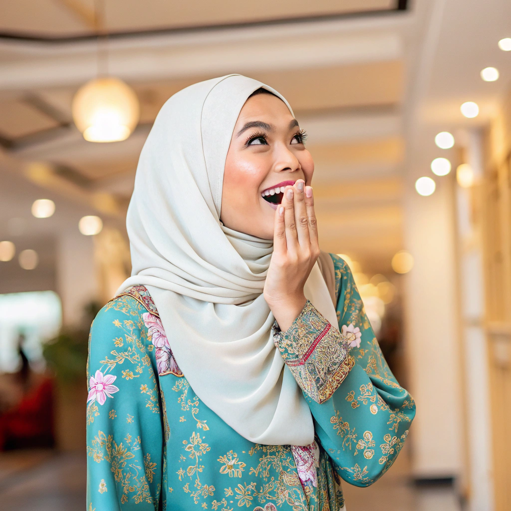 AI generated image by Red Panda AI: A radiant Malay woman, mid-20s, beams with happiness as she guesses the correct keyword. Her hijab and modest yet stylish baju kurung outfit shimmering in vibrant colors and intricate patterns. Hand covering mouth in shock and excitement, eyes aglow with pure joy. Softly blurred background fades into warm lighting, accentuating her candid expression in a cozy indoor setting. The overall atmosphere is lively and authentic, capturing the unbridled delight of the moment.