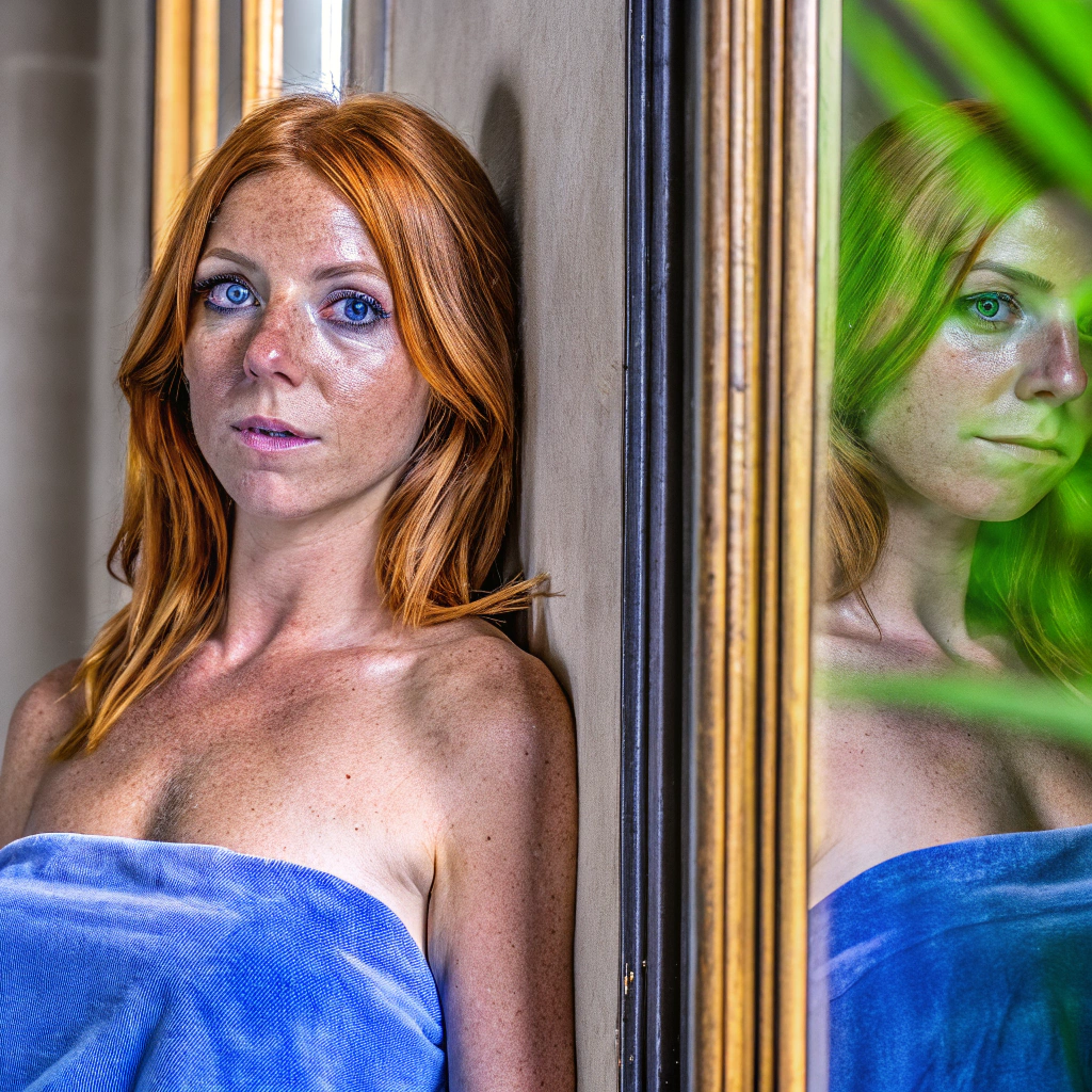 AI generated image by Red Panda AI: ((Photorealistic ((naked)) full body)) of a ((red-haired woman)) aged 21 to 24 , standing, ((full body)),She has large, expressive eyes, with blue irises rich in detail, reflecting light softly. The lighting is soft and diffuse, highlighting her delicate features and skin texture. In this photo, she is standing naked, she has medium tits and little pussy.  The background is an elegant and subtly lit environment, which complements the scene. The focus should be on facial details, especially the eyes, with an emphasis on correct anatomy and natural color perfect anatomy, correct proportions, sharp details, smooth skin, natural gaze, natural lighting, simple background, high resolution, in the style of professional photography
Negative prompt: bad anatomy, blurry eyes, disfigured, artificial eyes, lifeless eyes, deformed hands, extra fingers, missing limbs, anatomical distortions, artifacts, low quality, misaligned eyes, strange facial expression