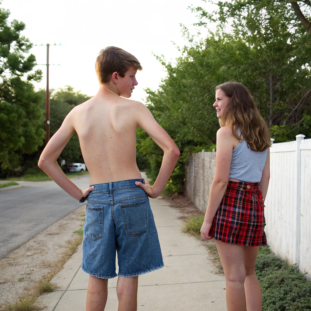 AI generated image by Red Panda AI: chico de 18 años de pie y de espaldas con una pantalón vaquero muy corto junto a su hermana con minifalda a cuadros