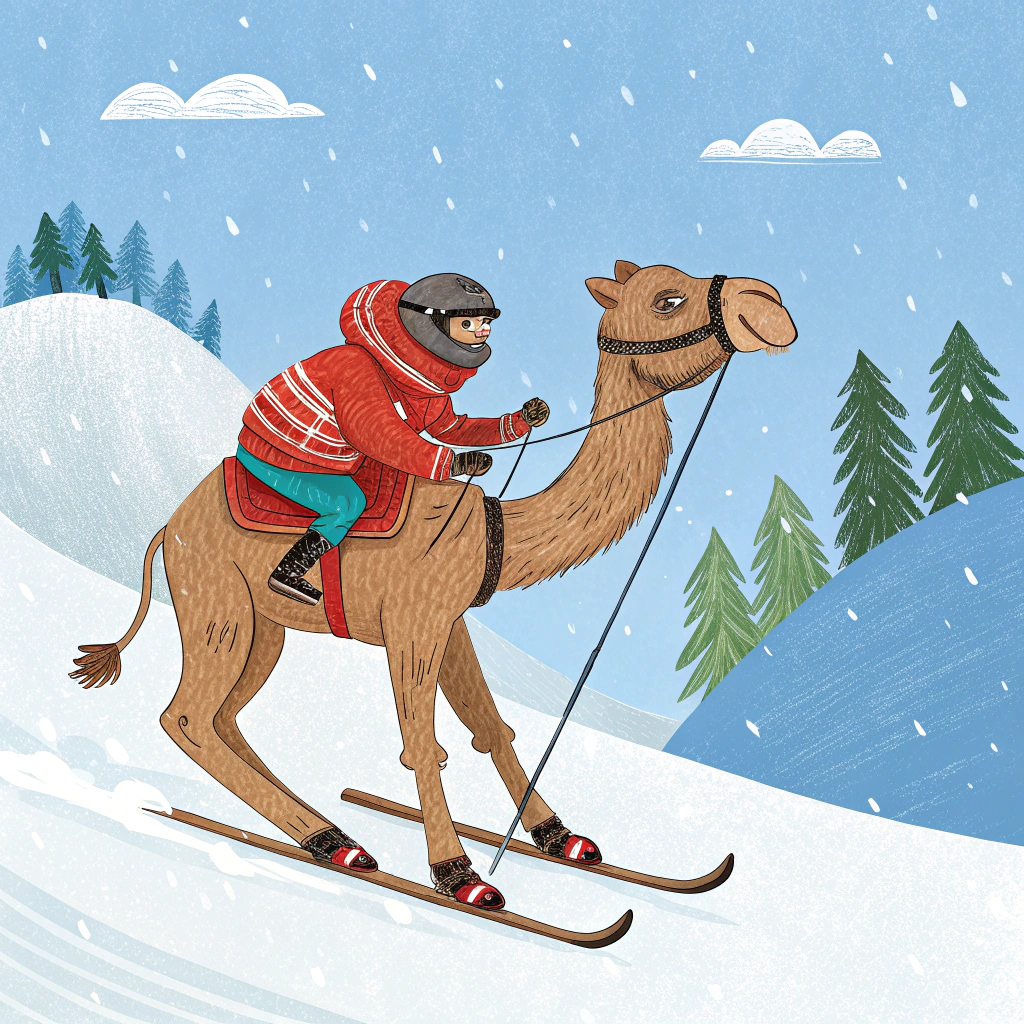 AI generated image by Red Panda AI: Un chameau qui fait du ski