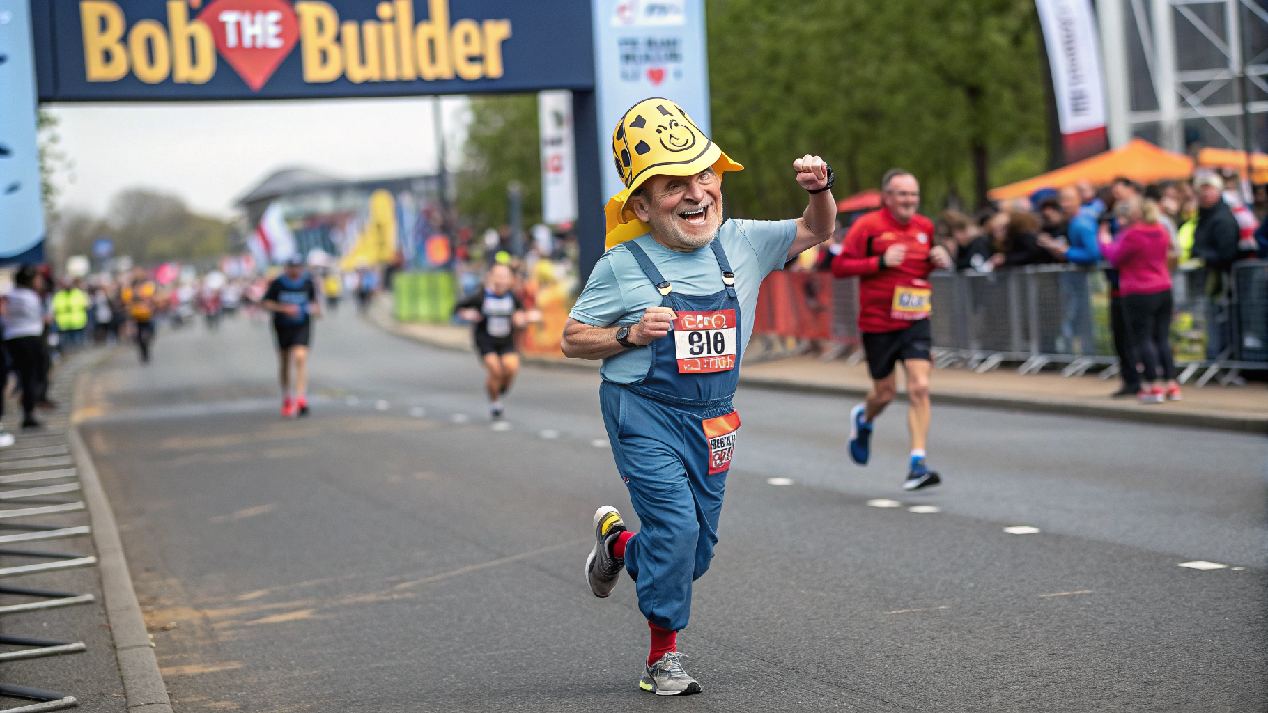 AI generated image by Red Panda AI: "Bob the Builder" as a grown man running a marathon, cartoon style