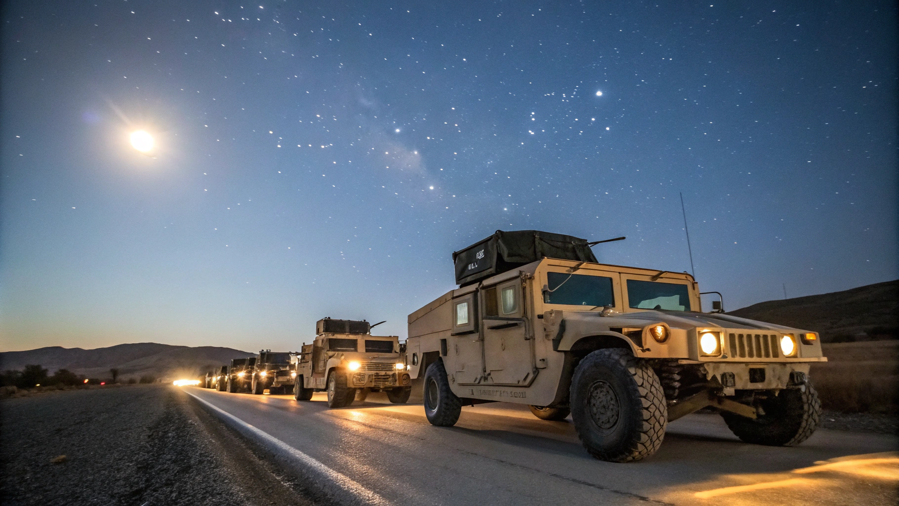 AI generated image by Red Panda AI: una fila de camiones militares en una carretera durante la noche con luna y estrellas