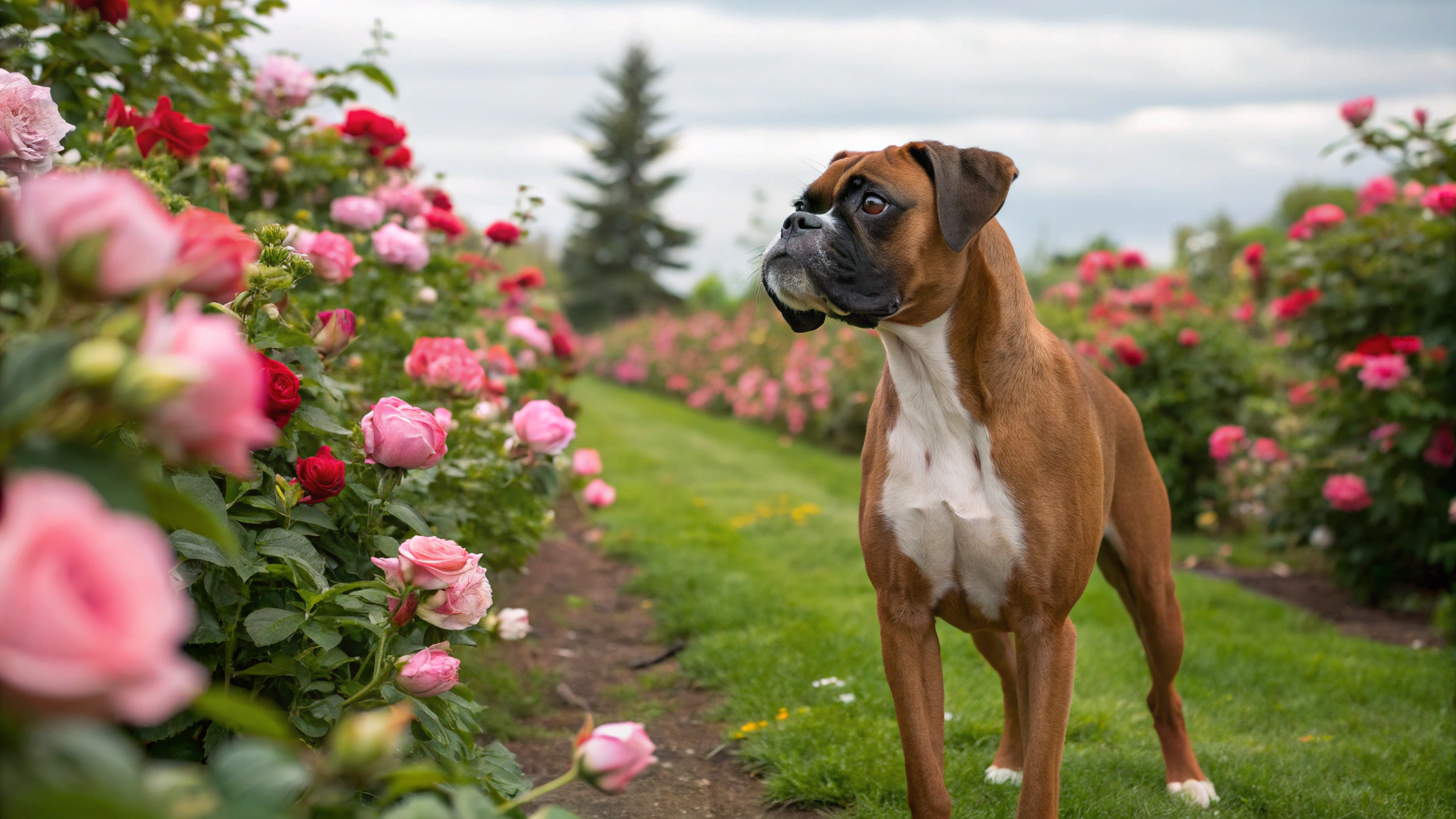 AI generated image by Red Panda AI: beautiful image of a brown boxer dog with a white chest and white on the front paws in the rose garden with greens everywhere