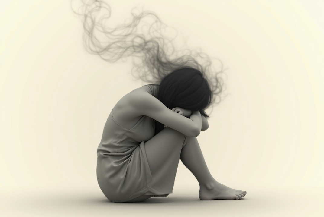 AI generated image by FLUX.1: 
> Landscape orientation, 3:2 aspect ratio. A fully clothed, faceless female figure seated on the ground in a curled, tense posture, arms wrapped around her legs and head gently bowed. She wears a simple, loose-fitting dress or minimal soft clothing that clearly indicates she is clothed while preserving a gentle silhouette. From her hair, extend thick strands that dissolve into soft smoke, tangled organic lines, or light swirling textures — flowing upward and outward. Around her body, include mild shadows or flowing light textures that radiate outward, symbolizing internal emotional discomfort. The entire composition should feel organic and cohesive — avoid floating or disconnected elements. Use a light background with warm neutral tones or soft gray gradients. The figure should be in a deep gray or soft earthy tone, with gentle shading — do not use full black. Leave negative space to one side for text placement. No nudity. Symbolic emotional language only.
