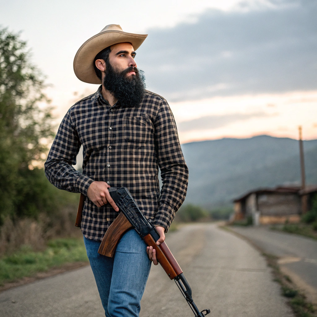 AI generated image by Red Panda AI: Un hombre joven, de unos 30 años, con una barba espesa y bien cLleva una camisa a cuadros de manga larga, un sombrero de vaquero de ala ancha y botas puntiagudas con un ak-47 cuerno de chivo