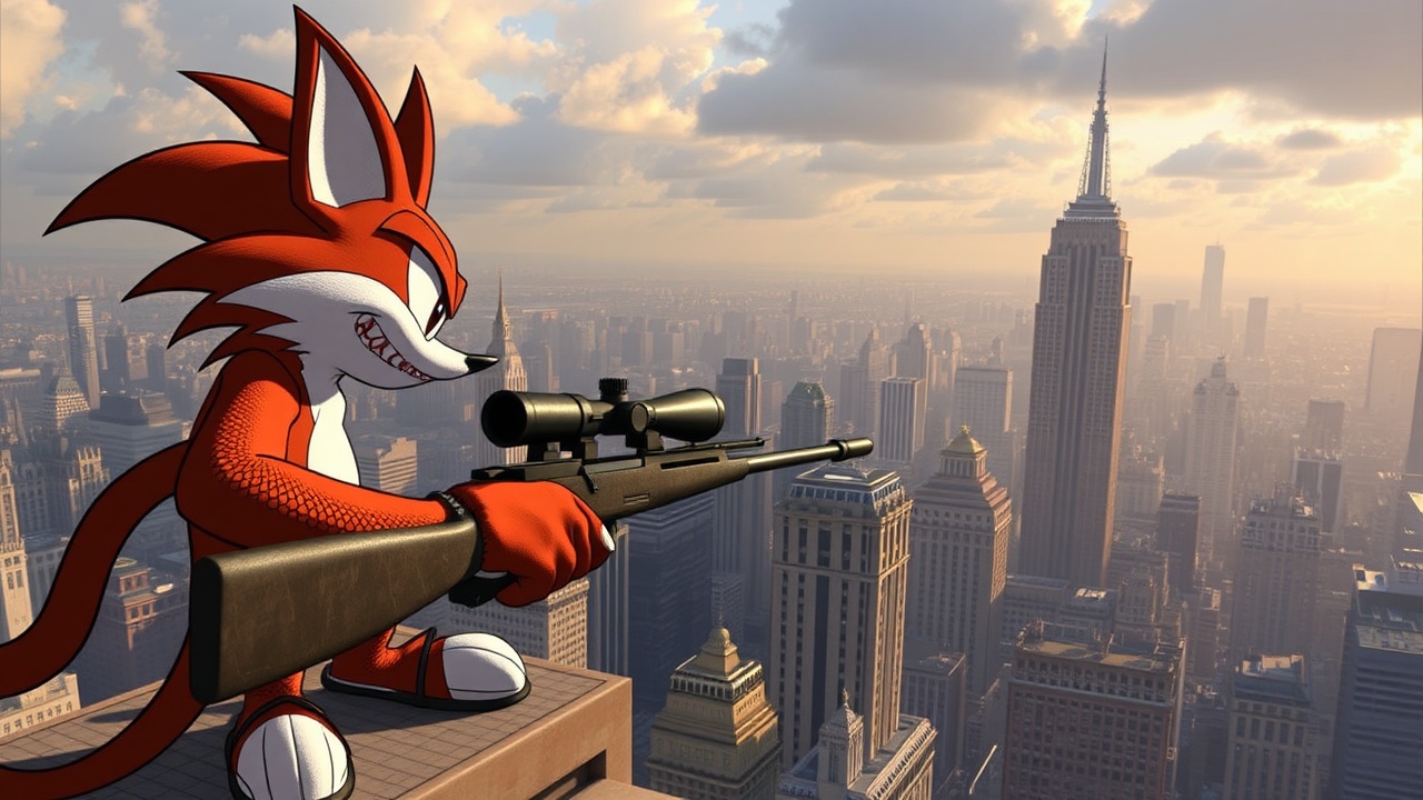 AI generated image by FLUX.1-schnell: Fang the Sniper taking aim at Big the Cat from the top of a skyscraper