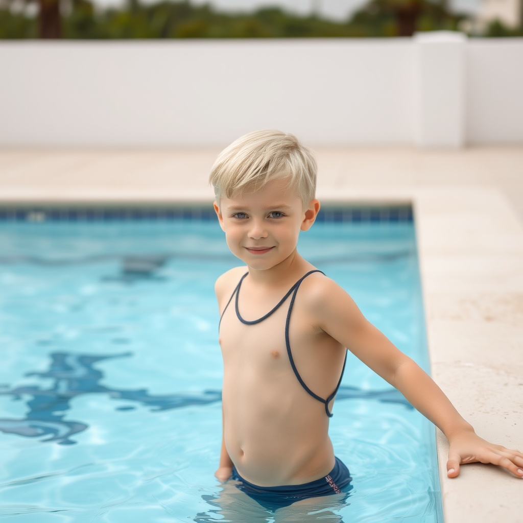 AI generated image by FLUX.1-schnell: 10 year old blond boy in a swimsuit near water at the pool