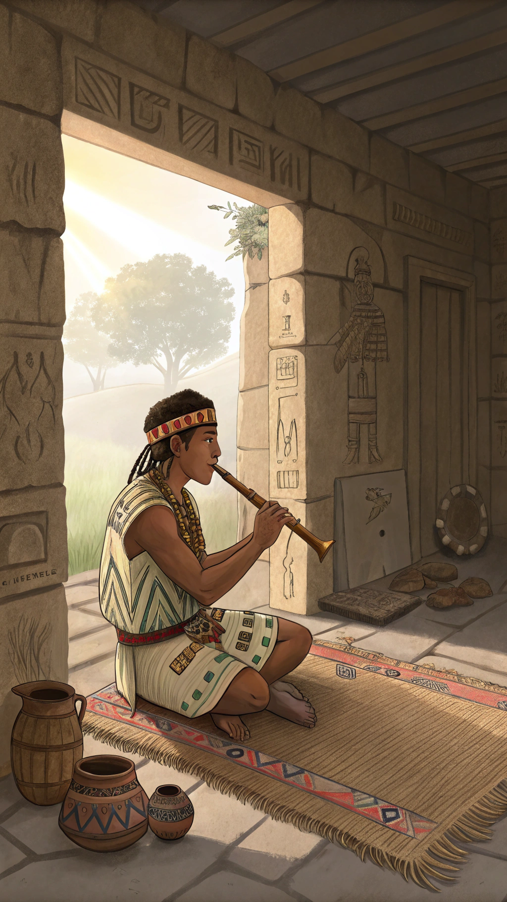 AI generated image by Red Panda AI: Un joven de rasgos indigenas del Imperio Incaico en un Yachay Wasi, la antigua casa del saber. Está sentado con las piernas cruzadas sobre un tapiz tejido, tocando una quena andina. A su alrededor, muros de piedra con grabados simbólicos, vasijas de cerámica y objetos ceremoniales. La luz natural entra suavemente por una puerta de piedra abierta, iluminando el ambiente sagrado y tranquilo. El joven viste ropa tradicional inca con diseños geométricos y una vincha en la cabeza. Al fondo, un maestro con vestimenta ceremonial lo observa o lo guía. Estilo realista, tonos cálidos, ambientación de tarde.