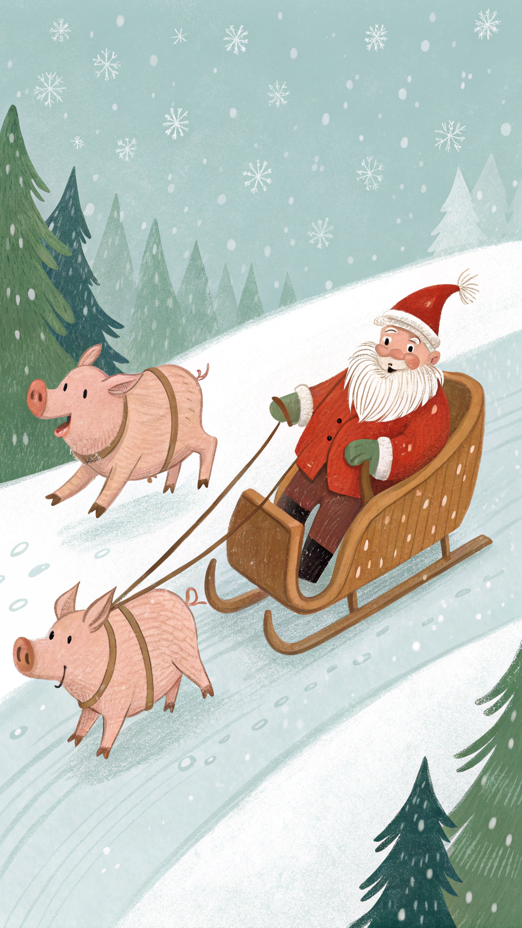 AI generated image by Red Panda AI: Santa Claus manejando un trineo que esta siendo tirado por cerdos con gorros navideños con estilo realista