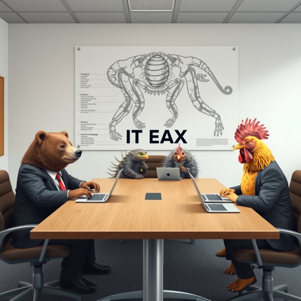 AI generated image by FLUX.1-schnell: An office with a meeting table in the center with a brown bear, a chameleon, a porcupine and a chicken, all with laptops on the table and dressed in formal suits and ties. In the background, a biomechanical chart with the text "IT EAX".