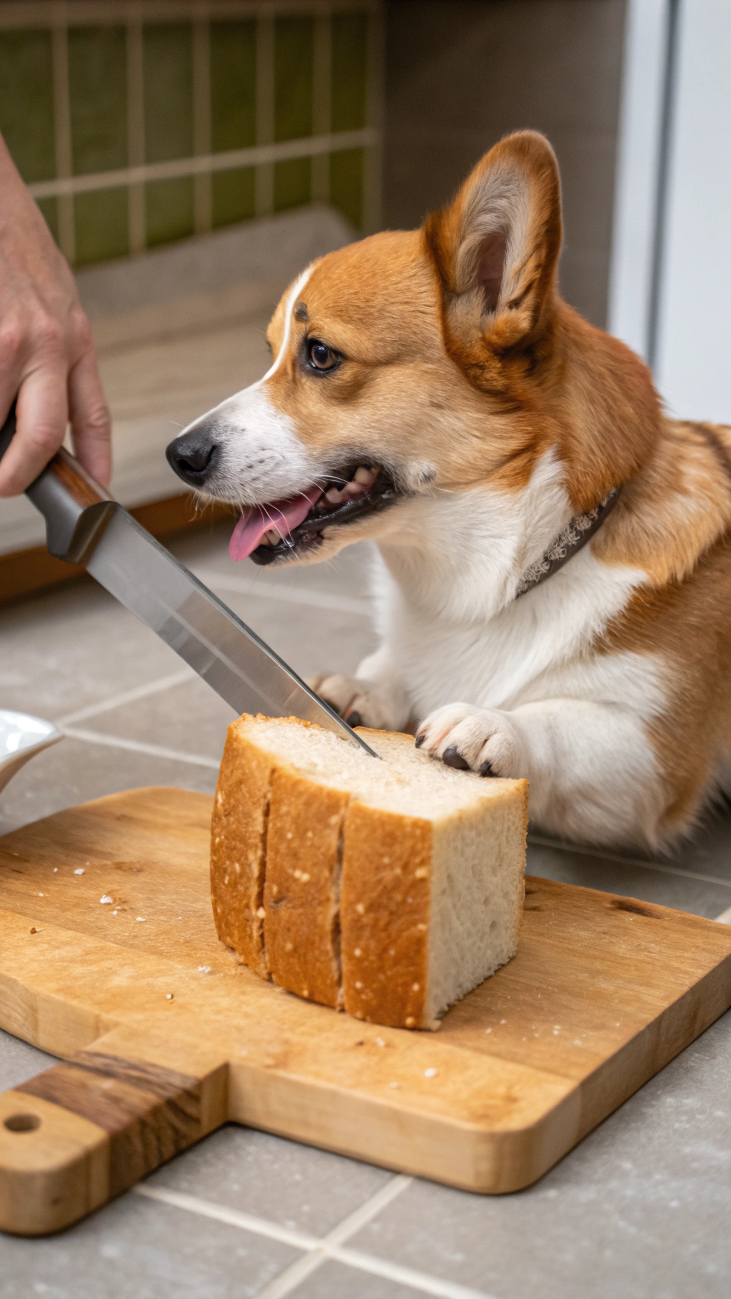AI generated image by Red Panda AI: A corgi's front paw is gripping a bread knife. There is a solid loaf of bread being sliced by the bread knife.