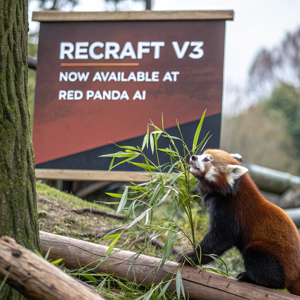 AI generated image by Red Panda AI: a red panda eating a bamboo in front of a poster that says "recraft V3 now available at red panda ai