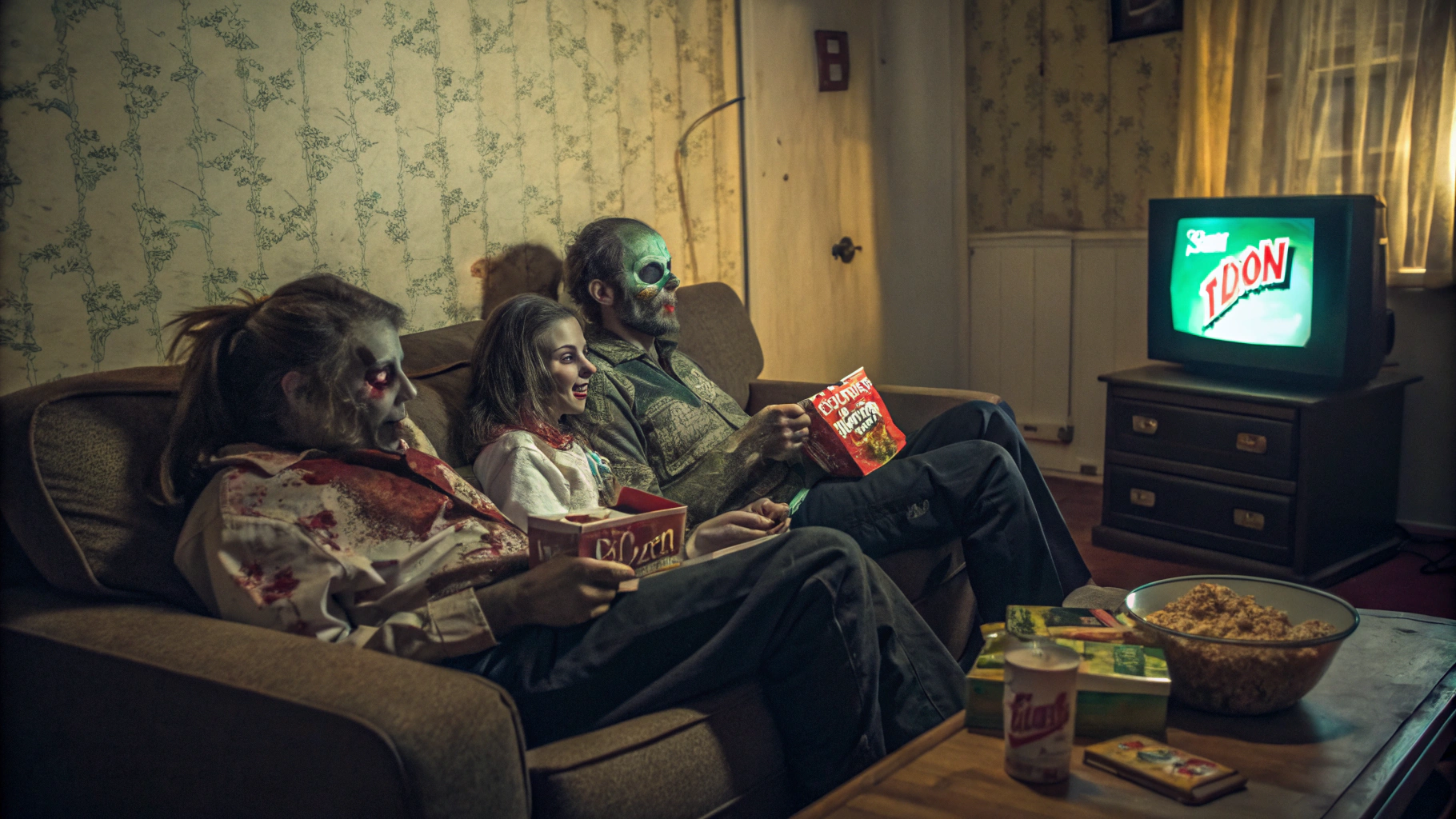 AI generated image by Red Panda AI: Satirical lifestyle photography of a zombie family, with decaying flesh and tattered clothes, lounging on a worn couch watching TV, upper body framing, in a dimly lit living room with peeling wallpaper, consuming snacks from boxes labeled "Brain" brand, eerie green glow from the TV, shot from a slightly elevated angle, on a Canon EOS R5 with a 24-70mm f/2.8 lens, (muted color palette:1.2), (film grain effect:1.1), in the style of (Gregory Crewdson:1.3) and (Tim Burton:1.4)
