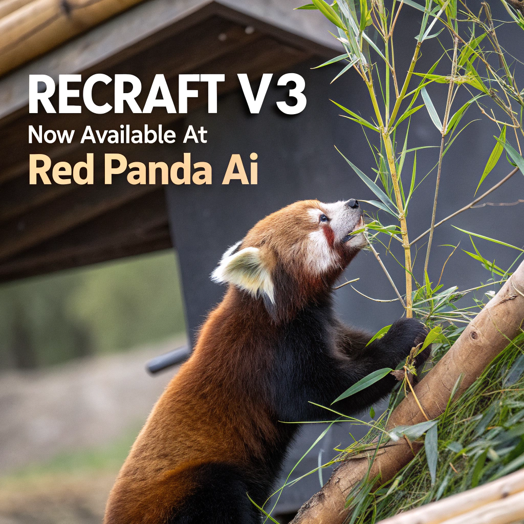 AI generated image by Red Panda AI: a red panda eating a bamboo in front of a poster that says "recraft V3 now available at red panda ai