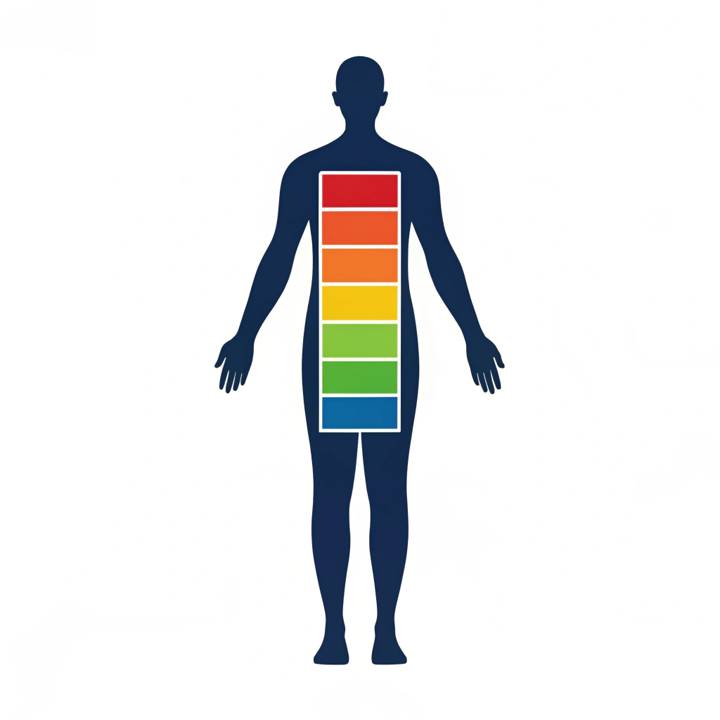 AI generated image by Red Panda AI: Create an icon of a full-body human silhouette facing forward. Inside the silhouette, divide the body into sections, each representing a battery charging level with colored segments. Starting from the bottom, use red, orange, yellow, green, and blue to represent the different battery levels, symbolizing energy and vitality. The design should be sleek and modern, suitable for a sports drink label, with the battery charge gradually filling up from the bottom to the top within the human form.

