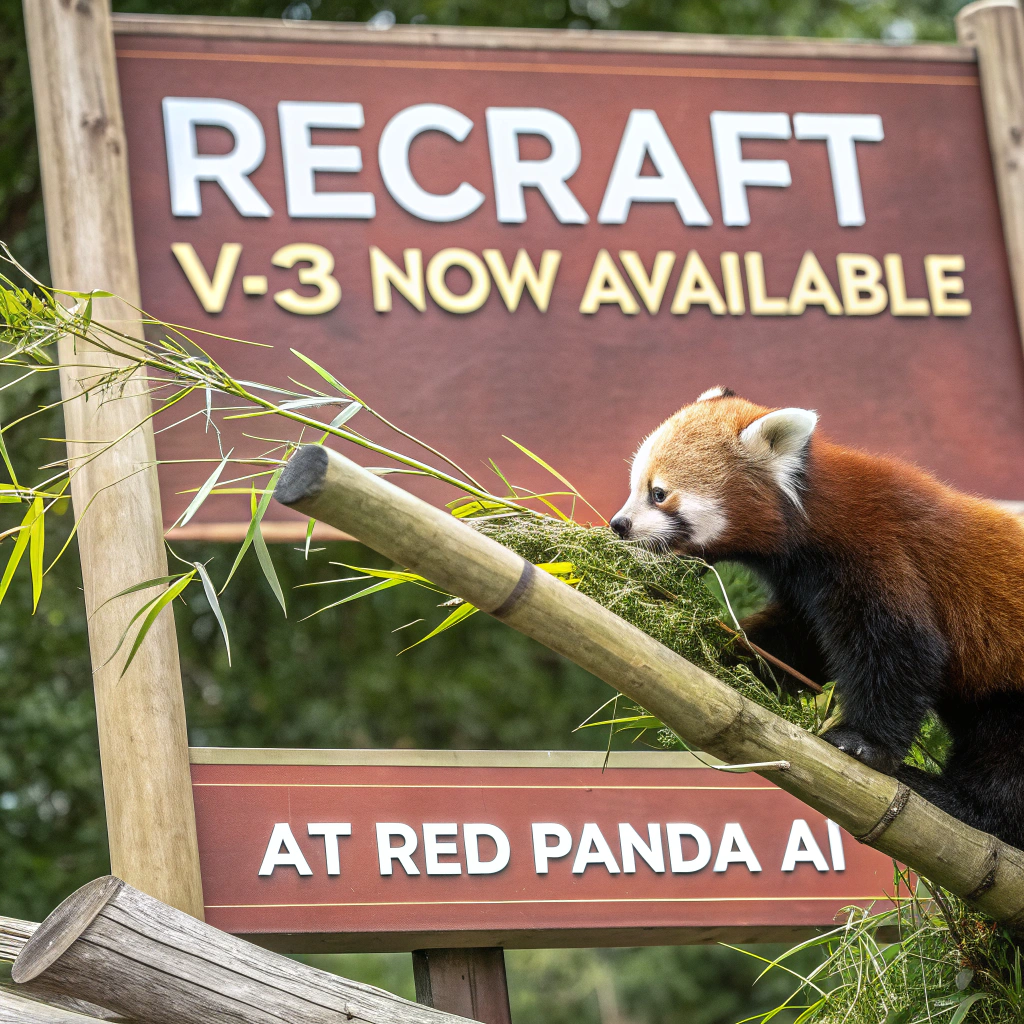 AI generated image by Red Panda AI: a red panda eating a bamboo in front of a poster that says "recraft V3 now available at red panda ai