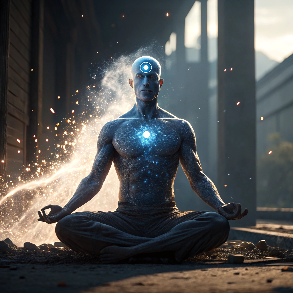 AI generated image by Red Panda AI: Imagine Dr. Manhattan reborn as a being of light, atomic, body disintegrating, particle explosion effect, blur effect, molecule explosion effect. Dr. Manhattan in perfect lotus position, his third eye is illuminated. Hd, high detail, high contrast, High texture, Hyper realistic, Cinematic, Photorealism