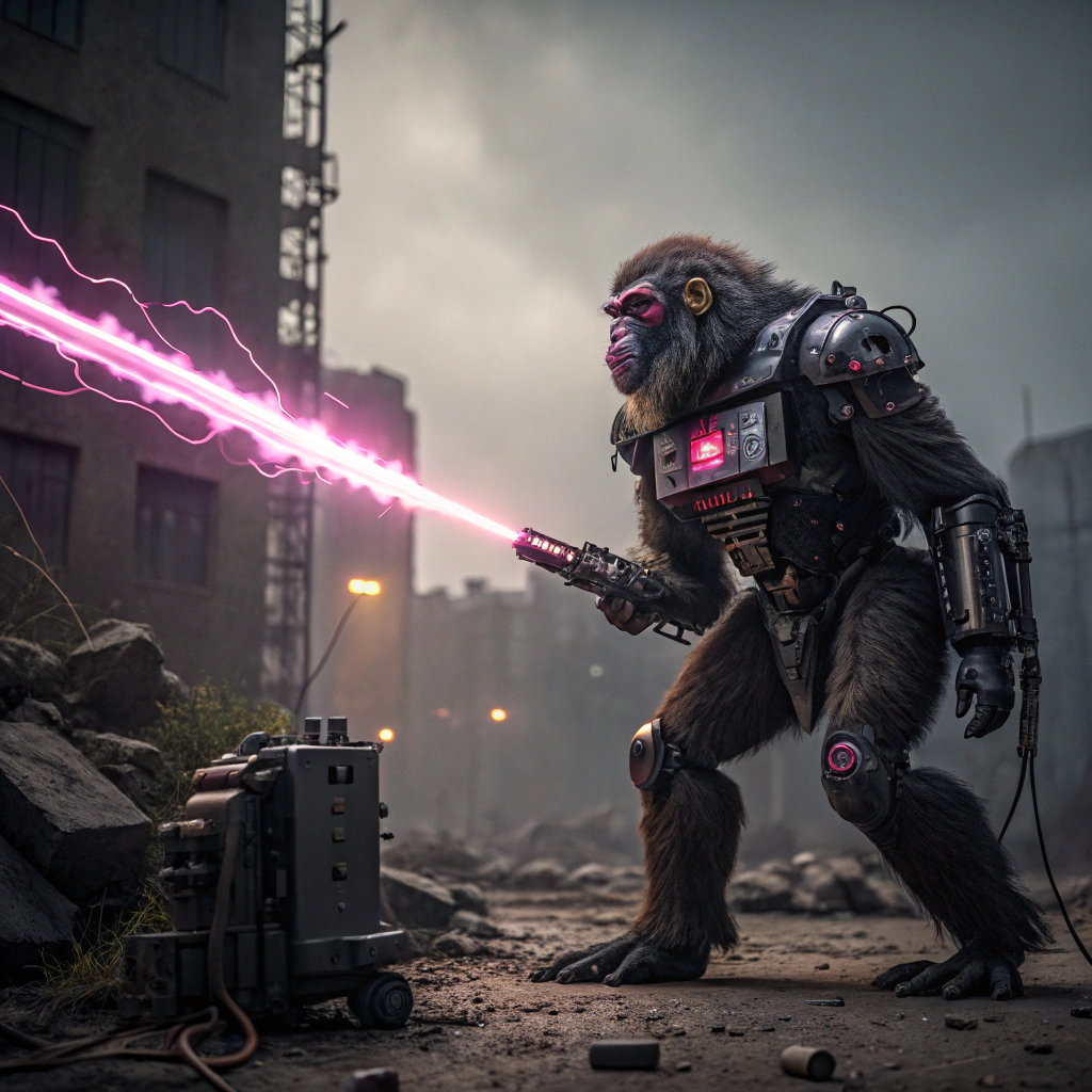 AI generated image by Red Panda AI: Hyperrealistic hulking mandrill machine android wielding pink electrical plasma energy. Fully mechanized mandrill, dark dystopian, ultra detailed