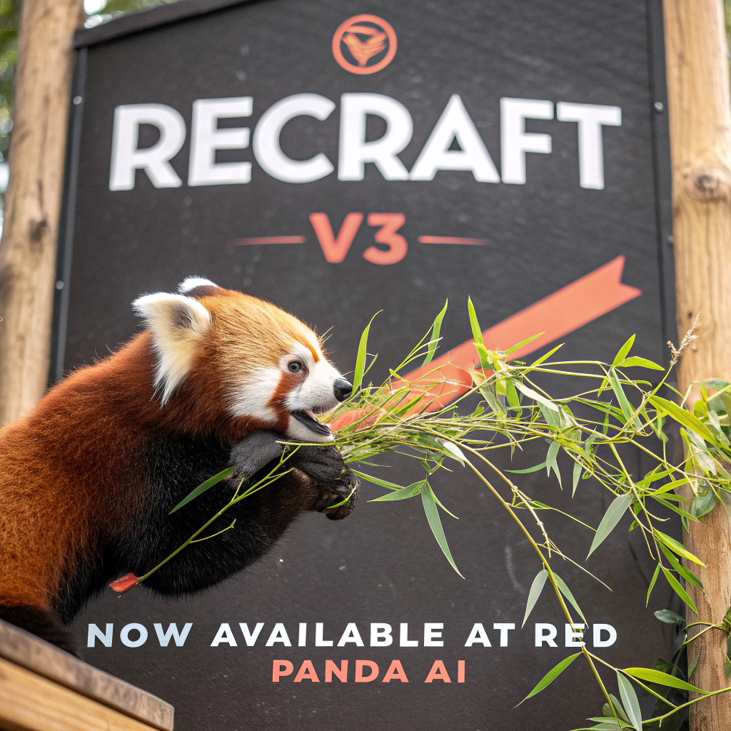 AI generated image by Red Panda AI: a red panda eating a bamboo in front of a poster that says "recraft V3 now available at red panda ai