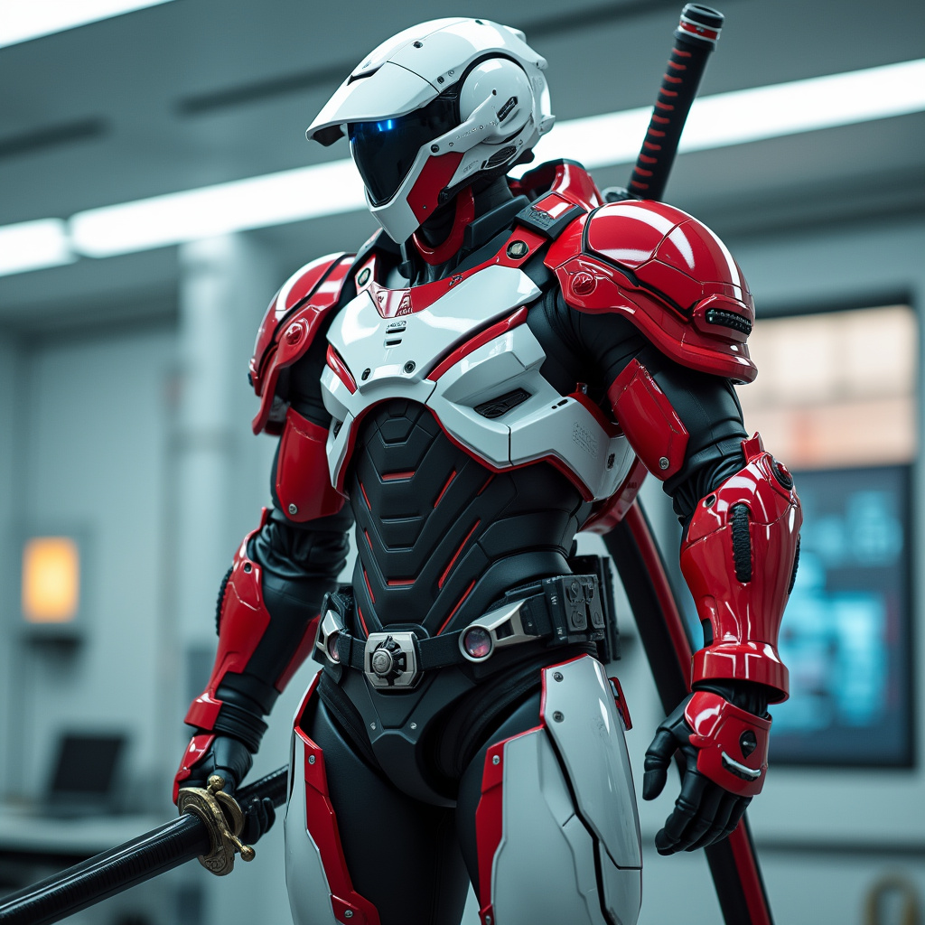 AI generated image by FLUX.1-pro: Futuristic armored warrior in a sleek Red and white exosuit mecha holding samurai sword huge stading in white lab neon lamp and blue, red Jacket, background cinematic, 