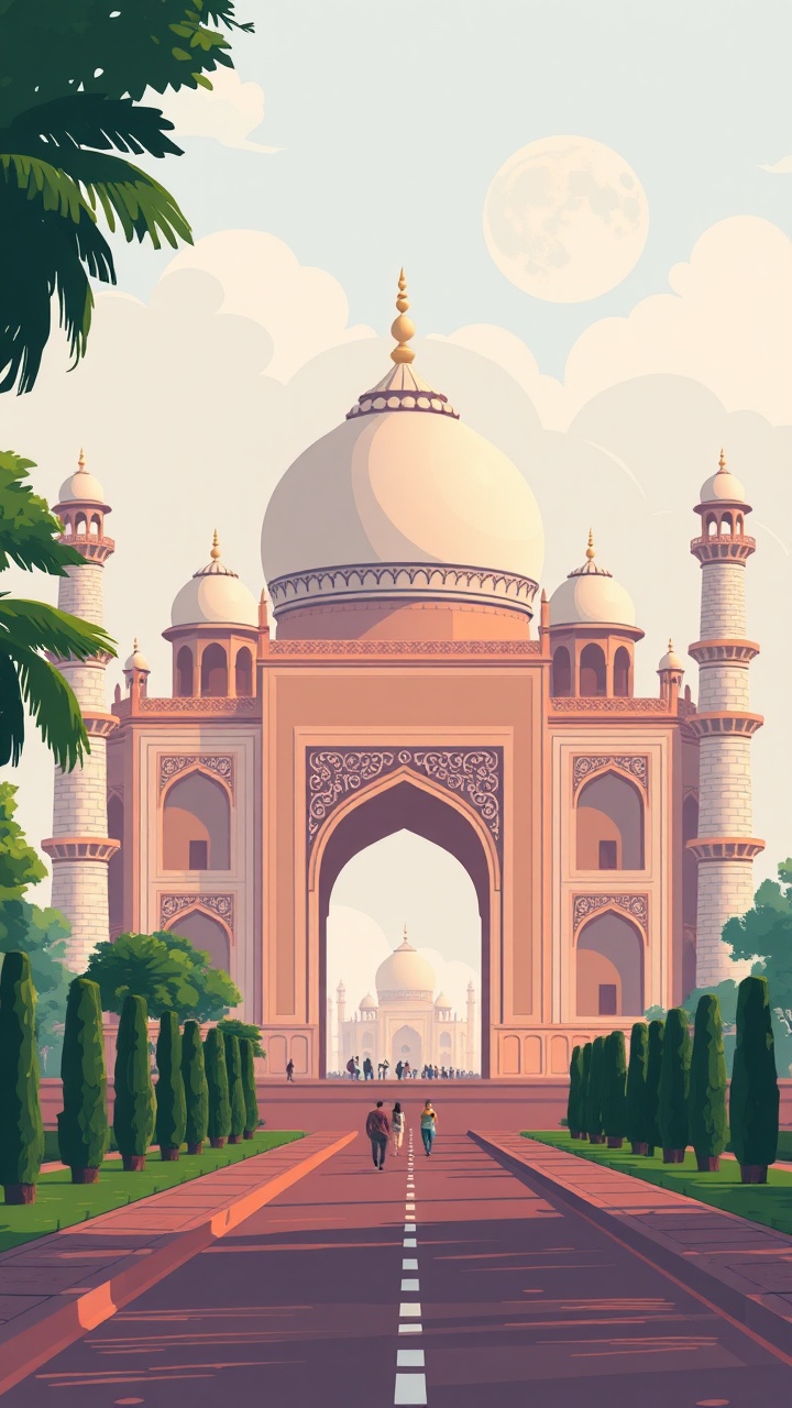 AI generated image by FLUX.1-schnell: Taj mahal gate vector cartoon