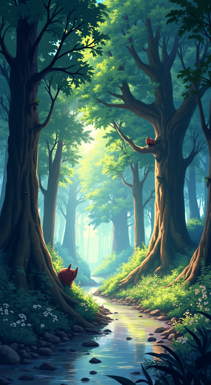 AI generated image by FLUX.1-pro: Viral anime nature wallpaper in 4K quality, in the style of digital illustration inspired by Hayao Miyazaki, featuring a serene forest with towering ancient trees, dappled sunlight filtering through the leaves, a gentle stream flowing through the scene, and mystical creatures peeking from behind the foliage; vibrant and warm color temperature, cosmos lighting with stars twinkling in the sky, no human characters, the atmosphere is tranquil and enchanting --v 5 --stylize 1000