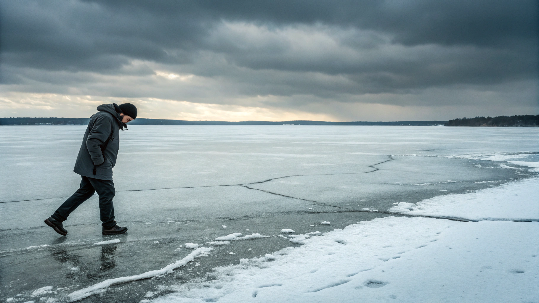 AI generated image by Red Panda AI: Walking out on ice, testing it.  is it safe?  Who knows?