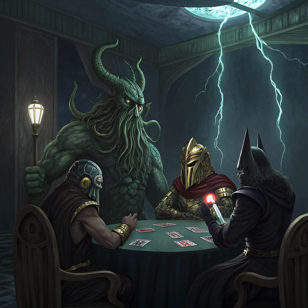 AI generated image by FLUX.1-schnell: Cthulhu playing poker with Zeus, Anubis, and Thor, in a dark room