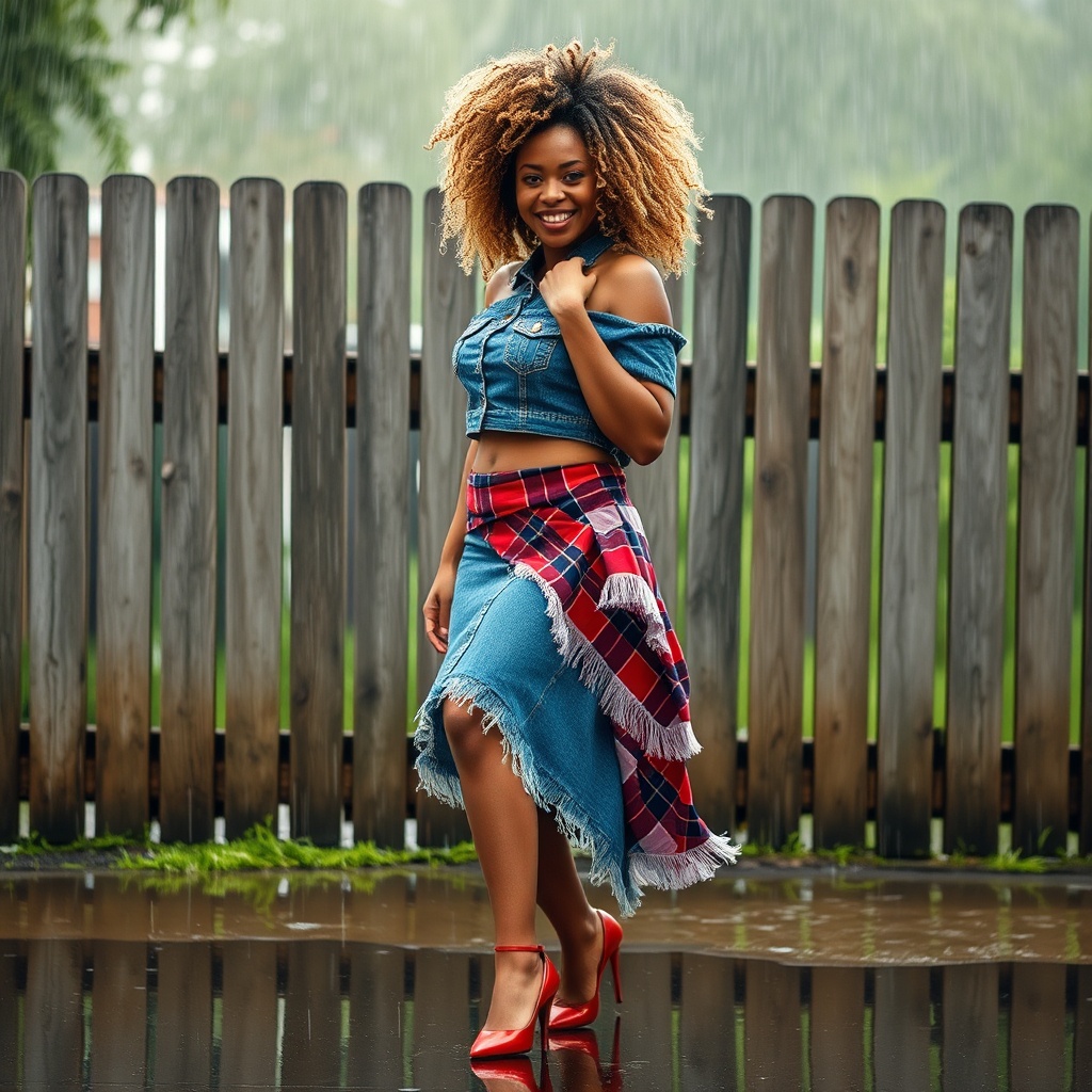 AI generated image by FLUX.1-schnell: An African-American stunning woman with curly blonde and brown hair, moving and dancing in the rain. She had a beautiful smile and a soft face. She is wearing a high neck cold shoulder denim crop top with button details and a frayed hem, paired with an acid washed denim mini skirt with asymmetrical layers of plaid fabric in red, white, and purple. She has sleek, red heels . The scene is in front of a wooden plank fence, with gigantic raindrops and a reflective water puddle. The image includes  3D elements, and  a touch of 