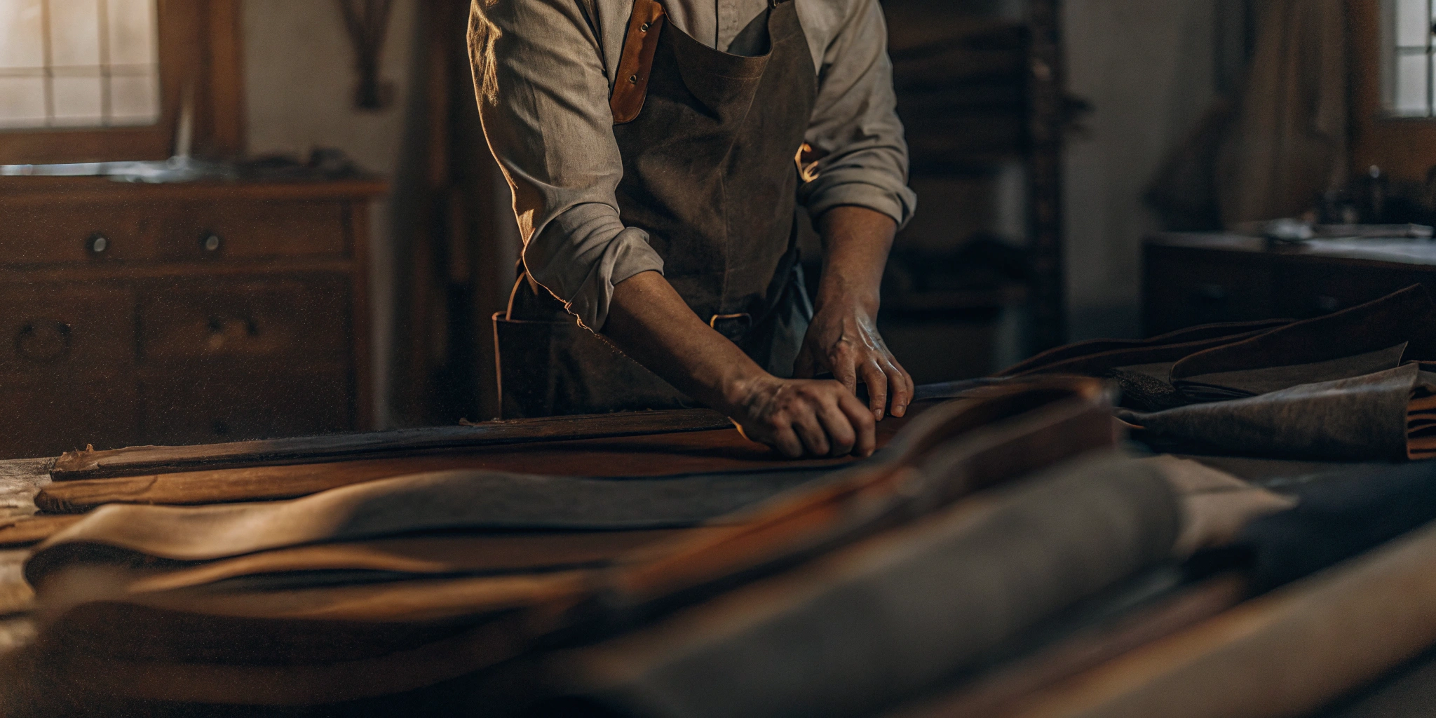 AI generated image by Red Panda AI: An Italian artisan in a traditional workshop, carefully selecting leather from a table filled with premium materials. The warm lighting highlights the textures of the leather and the tools around, capturing the essence of craftsmanship and tradition.