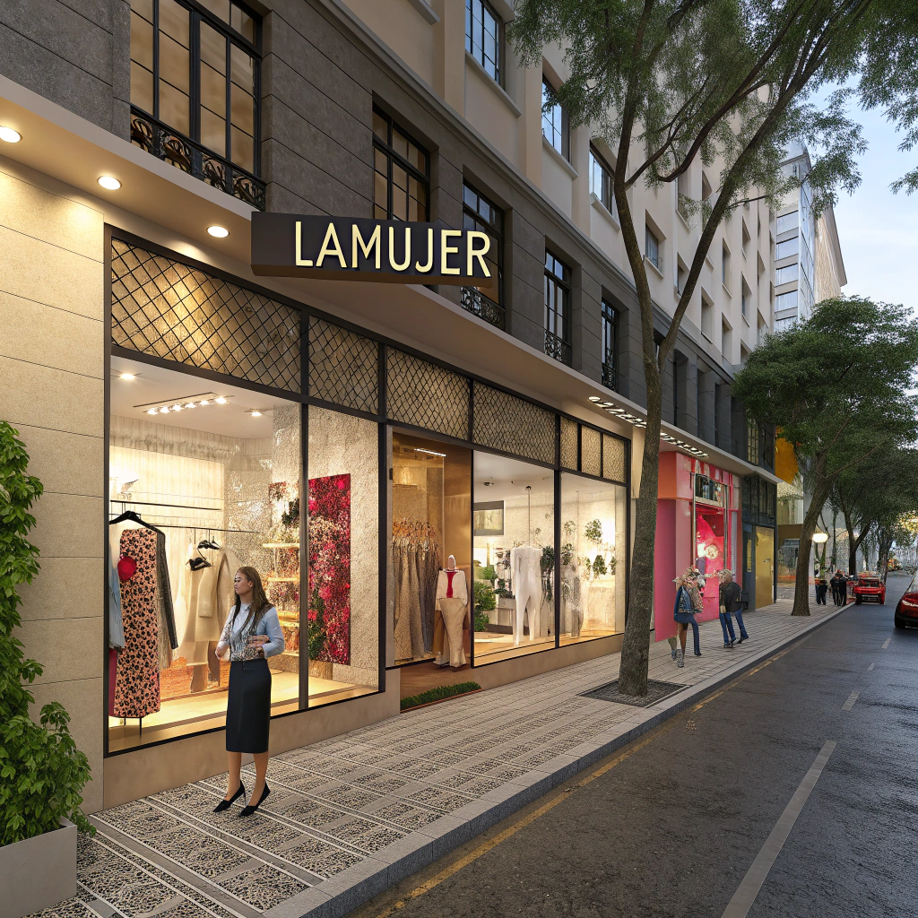 AI generated image by Red Panda AI: gere uma loja feminina realista em uma rua brasileira com o nome lamujer escrito no letreiro, coloque esse nome sem mudar nada, coloque pessoas realista 