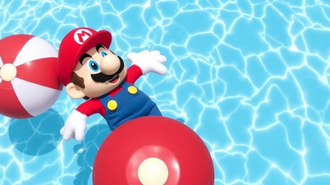 AI generated image by FLUX.1-schnell: Mario Plush Swimming Pool Red Towel Beach Ball