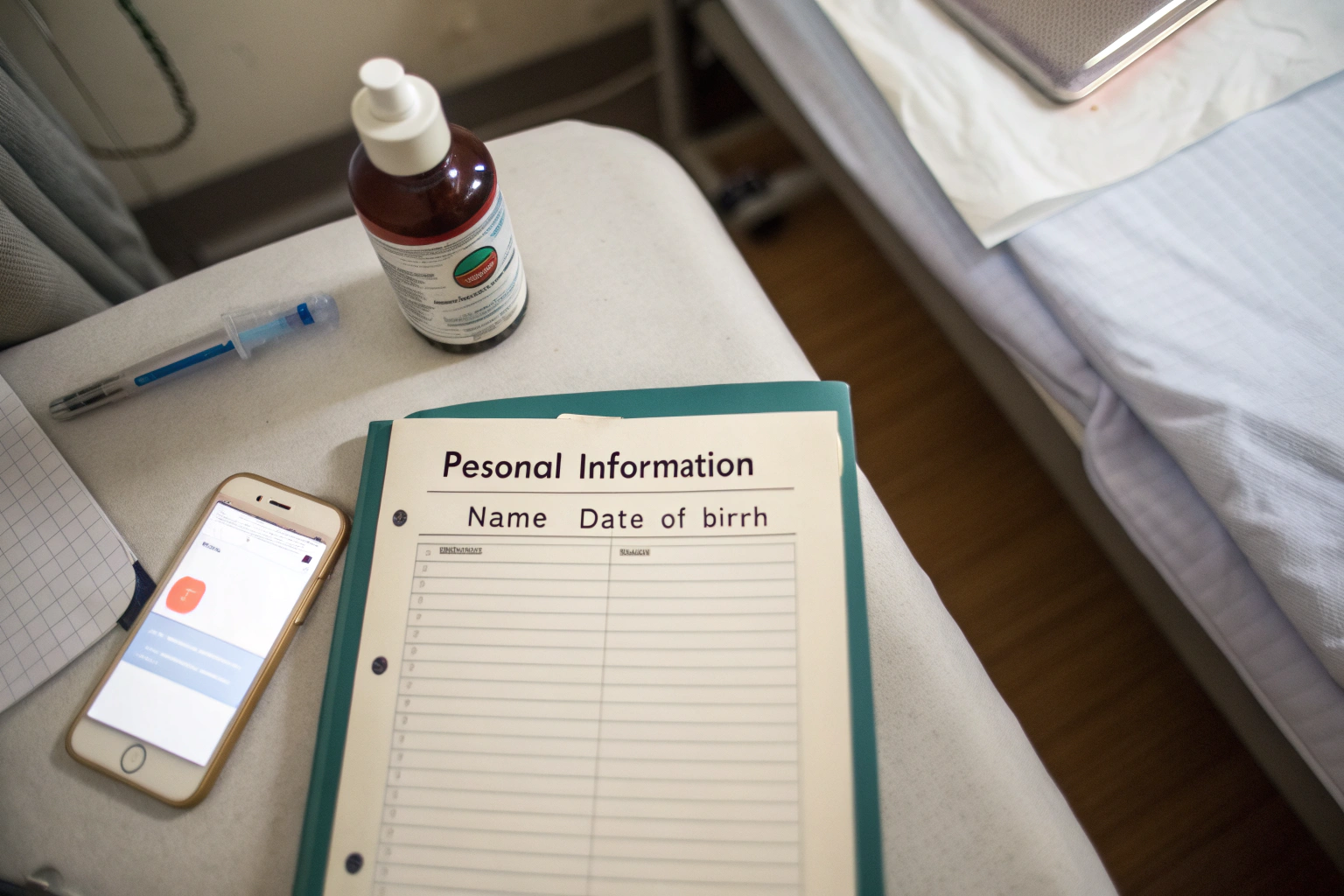 AI generated image by Red Panda AI: A hospital room scene with a medical file on a table, clearly showing personal information like name and date of birth. Next to the file, there is one bottle of medicine with a visible label, but not too close to the camera. An iPhone is placed beside the medicine bottle. The scene is from a top-down view, with the medical file, medicine bottle, and iPhone in sharp focus, and no background blur.