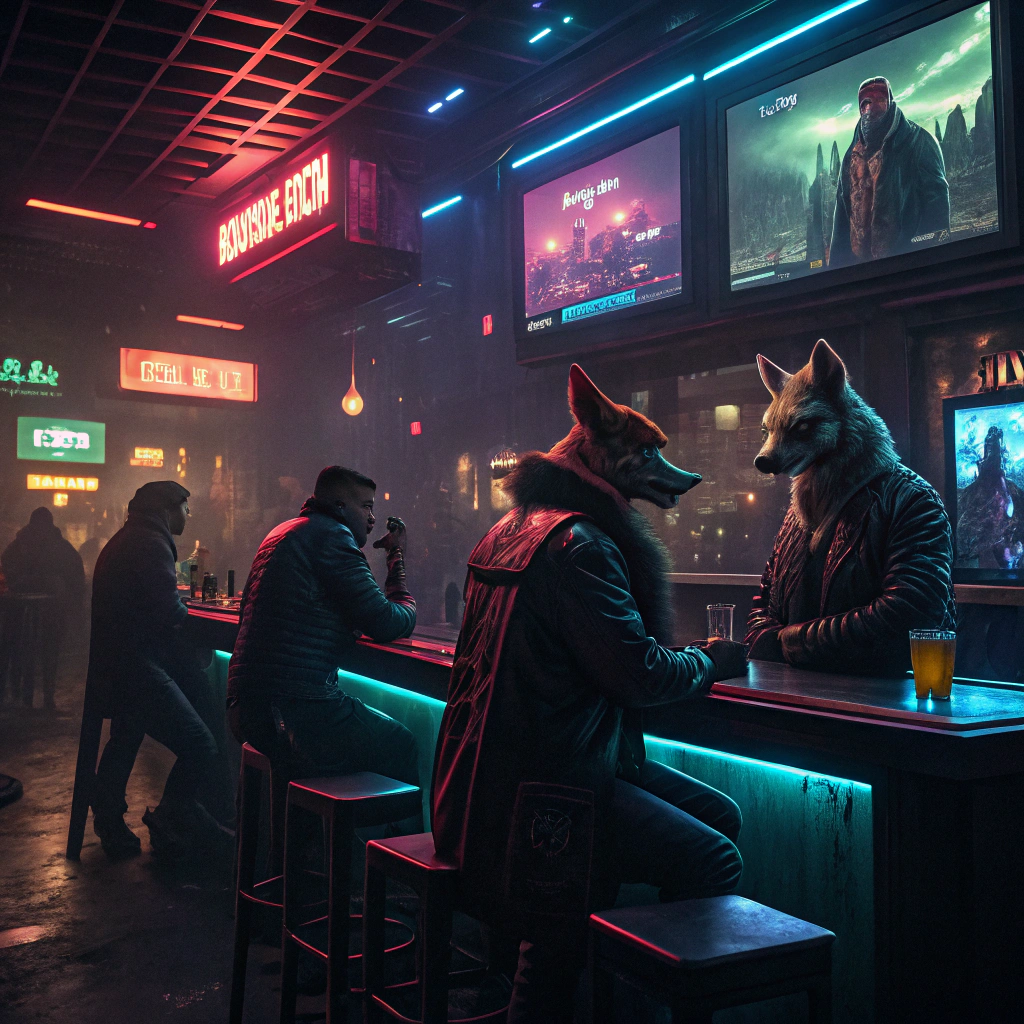AI generated image by Red Panda AI: A high contrast image of cyberpunk bar filled with realistic animal people in low light with televisions behind the bars showing an epic fight