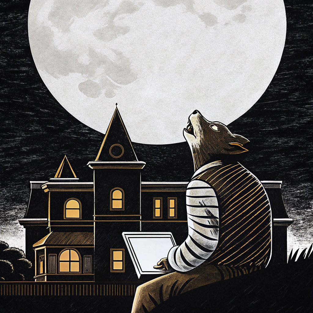 AI generated image by Red Panda AI: Un développeur web loup garou hurle à la lune avec un manoir dans son dos.