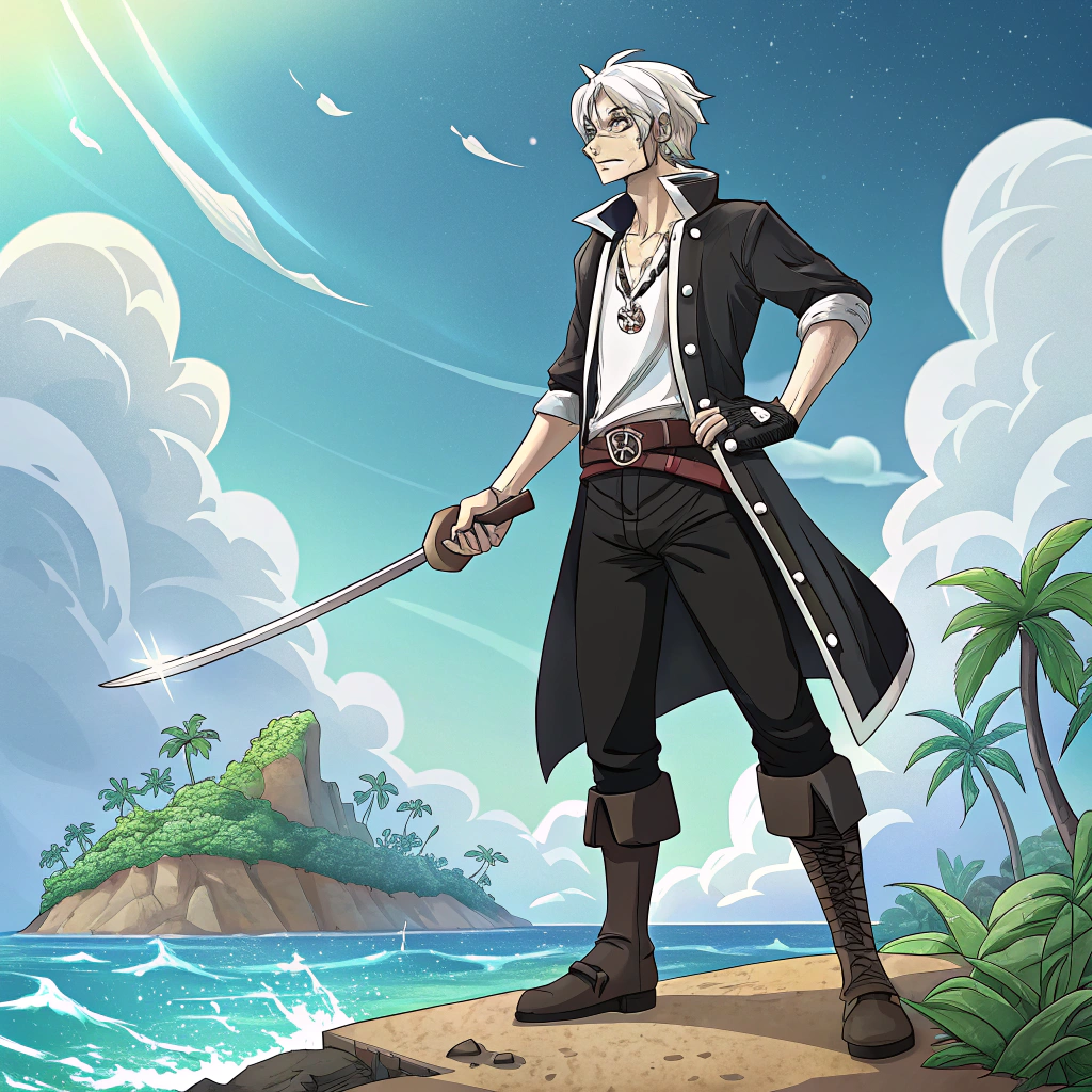 AI generated image by Red Panda AI: A tall male character, standing at 1.90 meters (6'3"), with pale white skin. He has short, messy hair that is a mix of black and white. His profession is that of a pirate and swordsman, but he also carries an Eternal Pose (a navigation tool from One Piece). He wears black pirate-themed clothing (left to the AI's choice), ensuring a clear pirate aesthetic. His expression is calm yet determined. The background should be a vibrant and colorful tropical island or beach setting. The art style must be clearly animated. The image must be full-body.