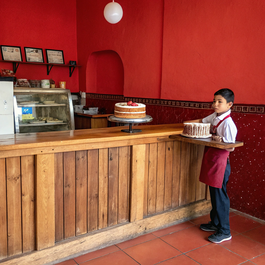 AI generated image by Red Panda AI: mostrador de madera con paredes rojas sin mesas de restaurante de franquicia chico mexicano con torta 
