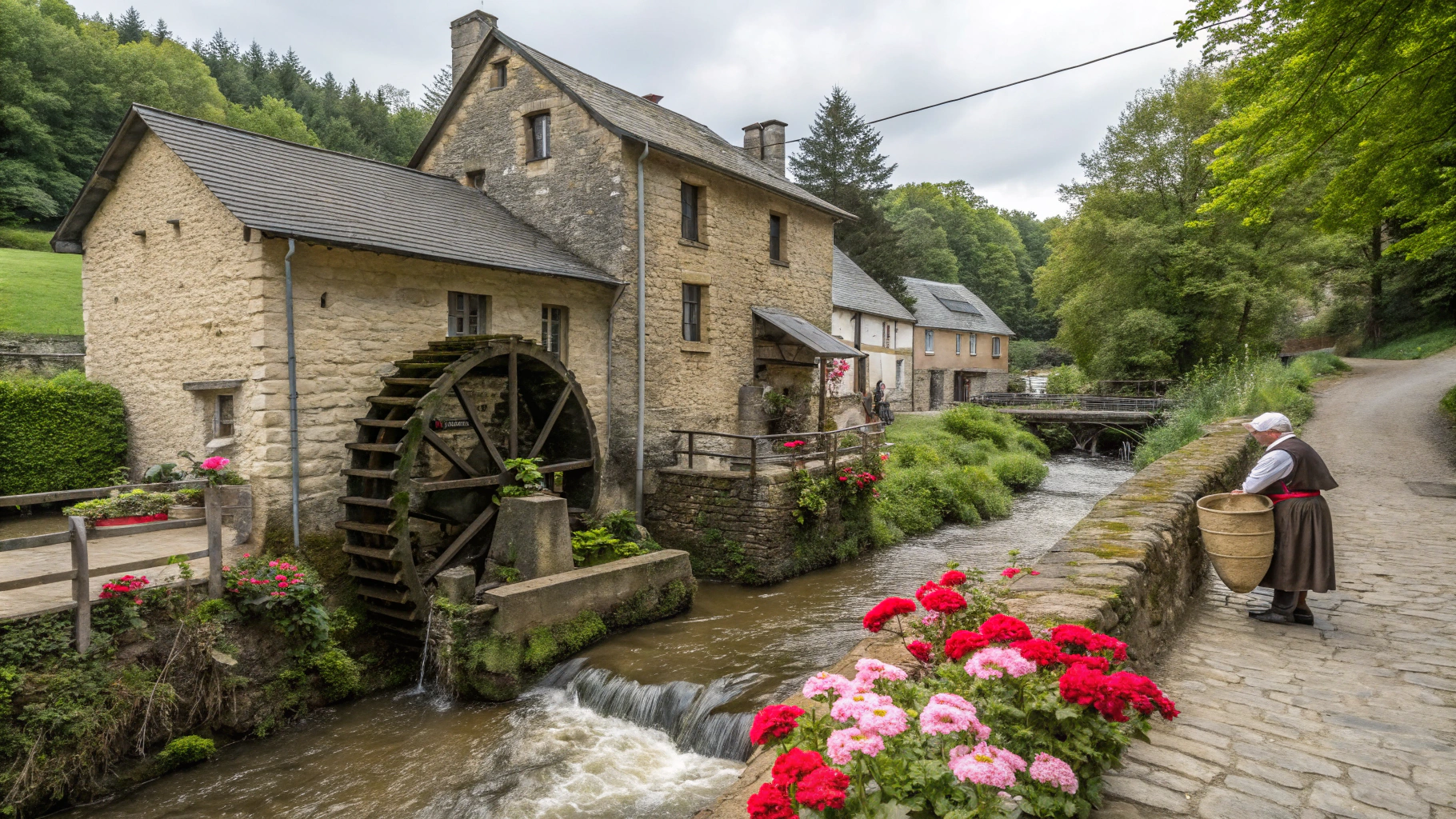 AI generated image by Red Panda AI: photo d'un moulin à eau ancien ultra réaliste, dans un petit village des ardennes belges. Agrémenté de quelques fleurs près de la maison, et d'un meunier apportant un sac de farine